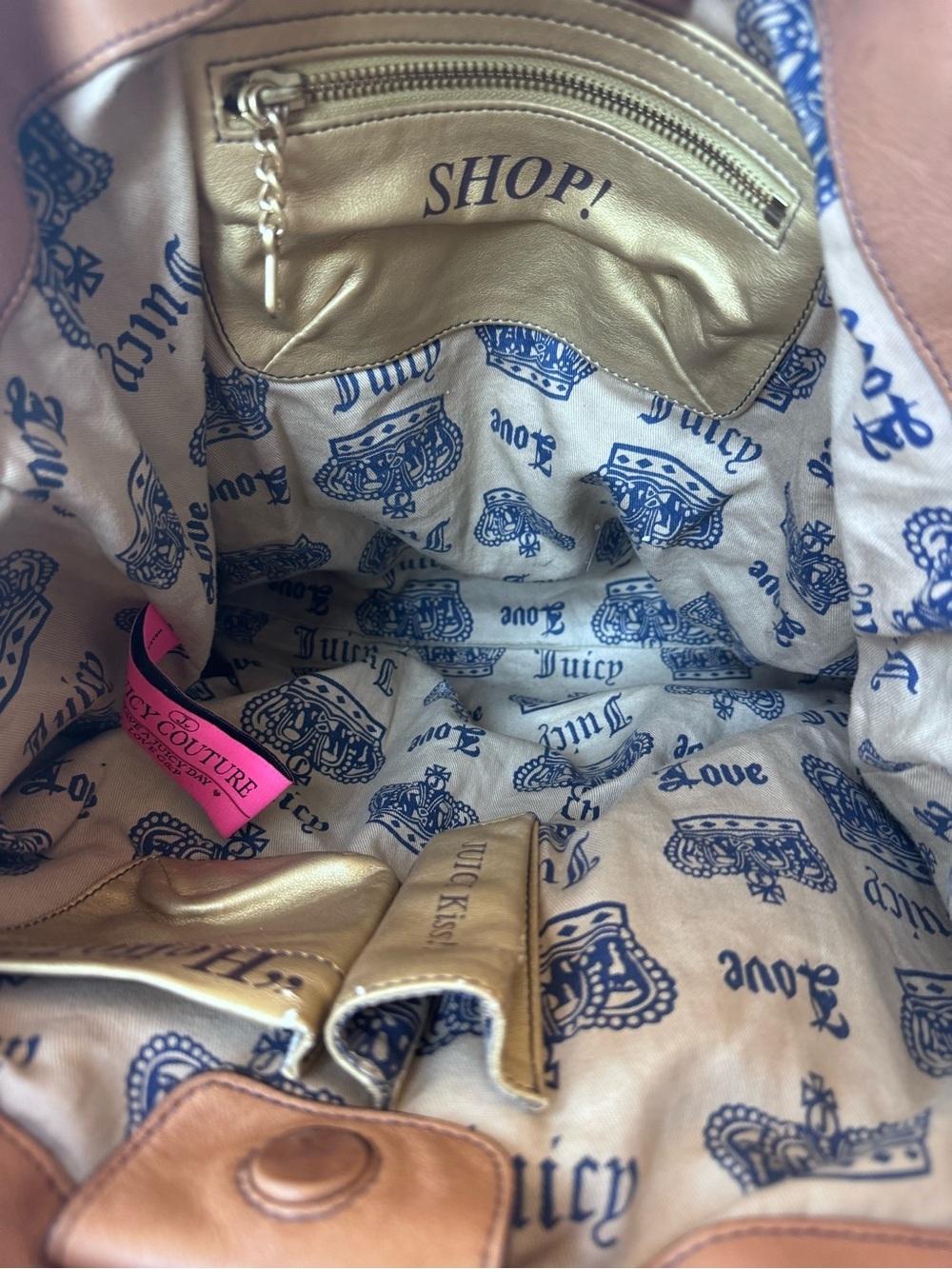Vintage Y2K JUICY COUTURE Brown Tan Leather Hobo Tote Shoulder Bag Gold Logo Dog - Picture 10 of 16